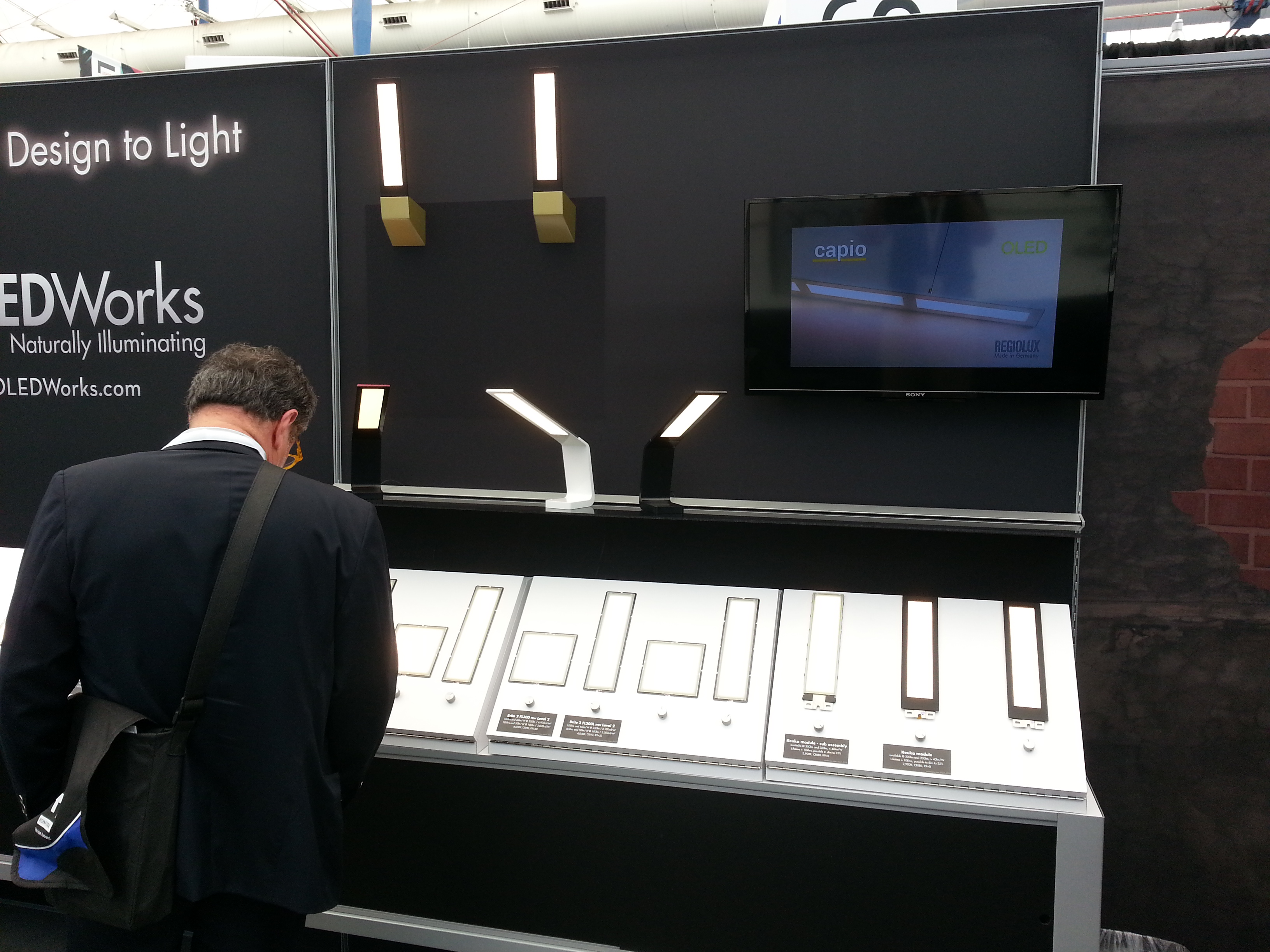 wall of OLED lighting panels including LumiBlade Brite 2 at Lightfair 2016